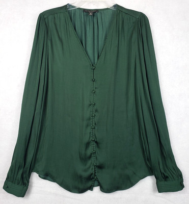 Banana Republic Blouse M Tall Long Green Pintuck Cuff Button Up Covered Buttons