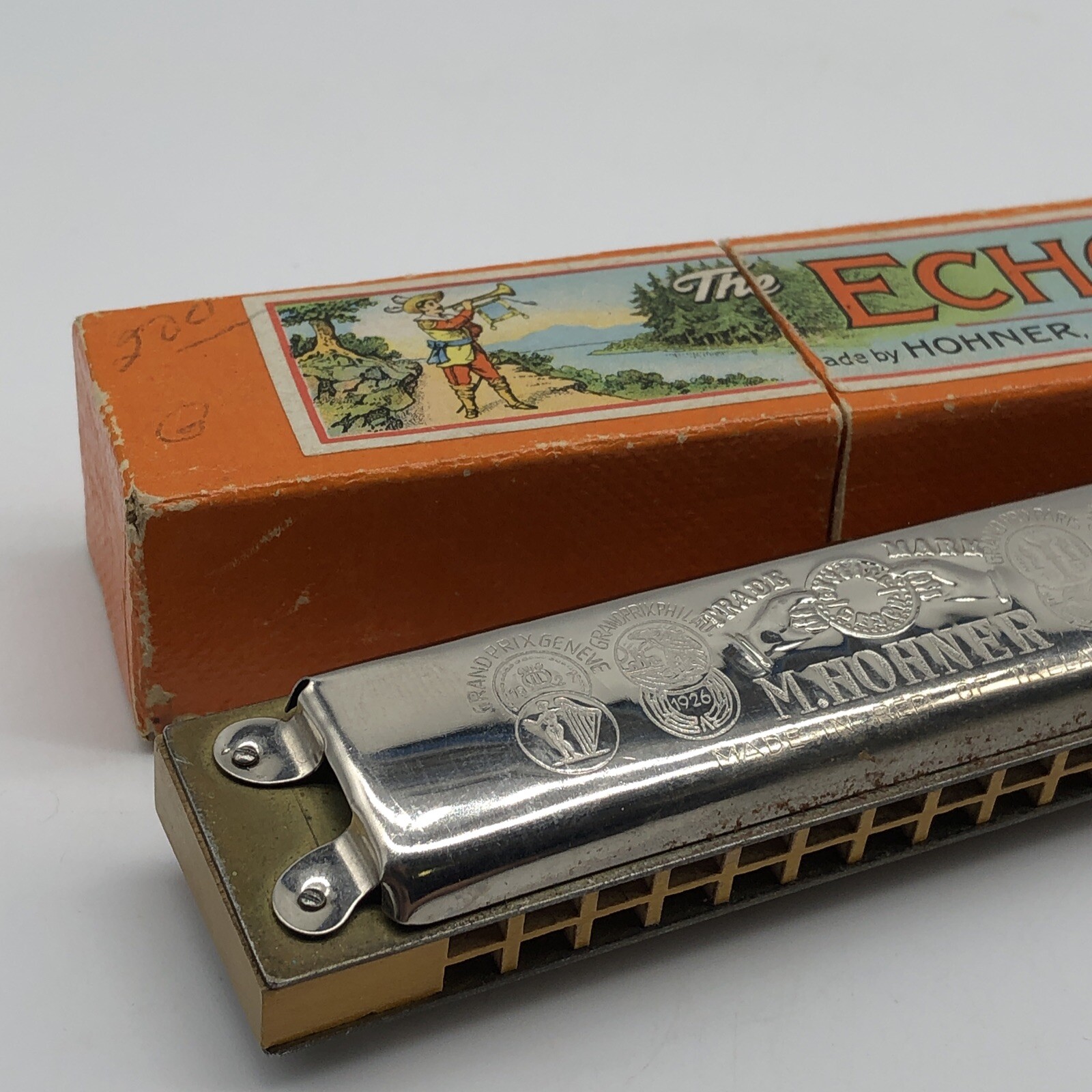 M. Hohner Harmonica The Echo Bell Metal Reeds C w/ Case Germany Vintage