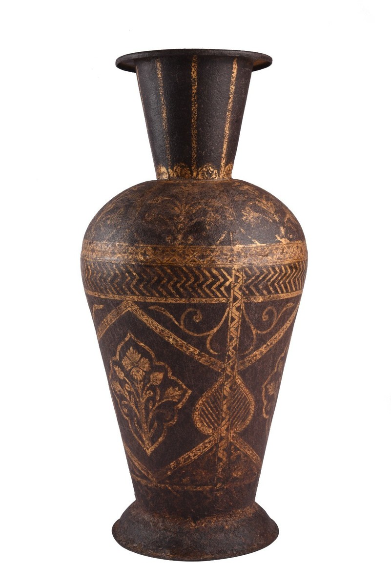 アンティークな壺 Antique Old Hand Crafted Iron Pot/Vase With Gold Work Mughal