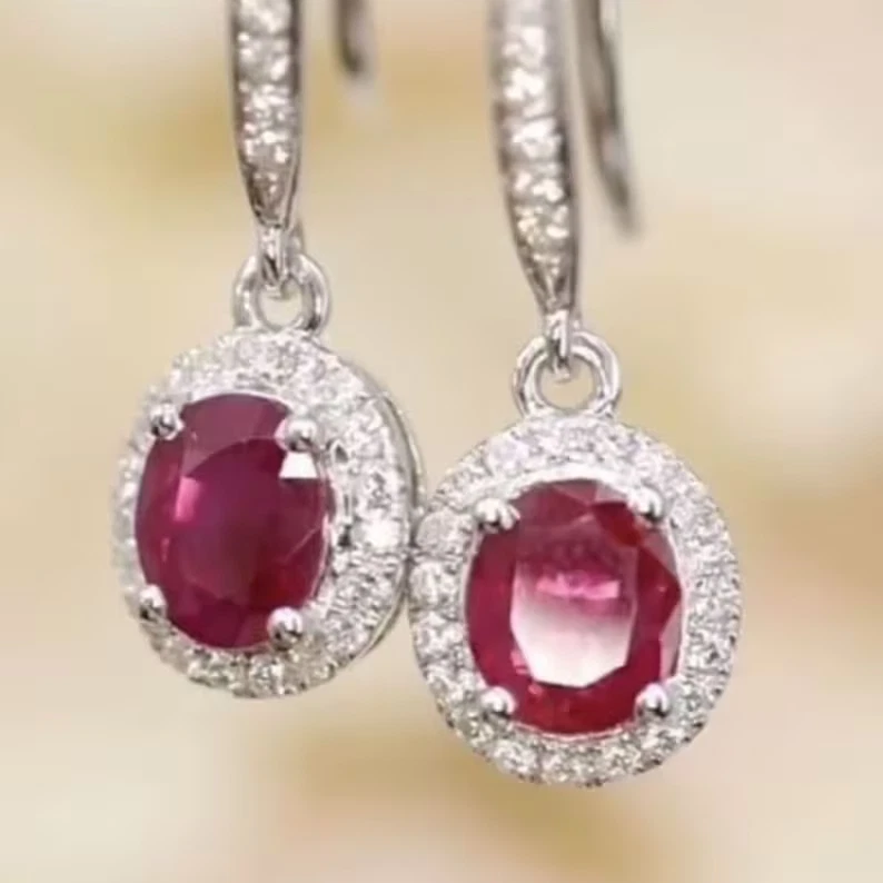 2.50CT Oval Natural Ruby & Diamond Dangle Earrings For Christmas Gift 14k Gold - Image 2 of 4