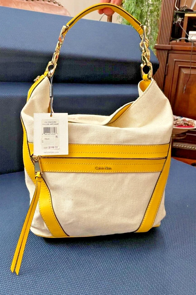 Calvin Klein Oatmeal Canvas Yellow Trim Shoulder Hobo Bag - Image 2 of 4
