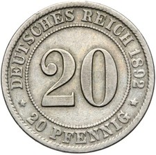 Deutsches Reich - Kaiserreich - J. 14 - Münze - 20 Pfennig 1892 D - ERHALTUNG !