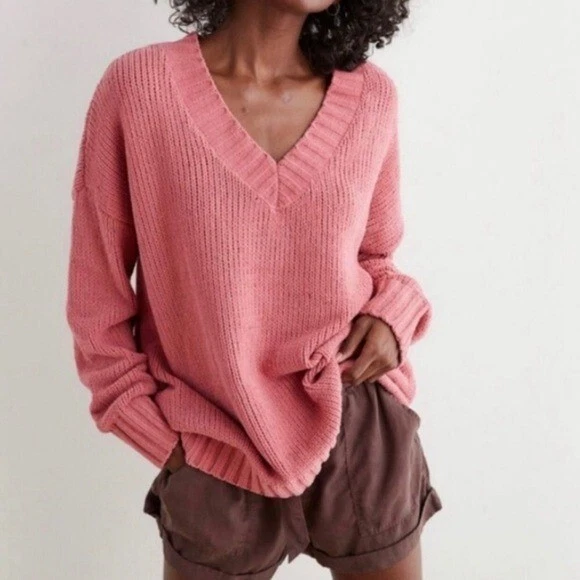 Aerie Small American Eagle Oversized Chenille V Neck Sweater Top Pullover  Pink | eBay