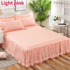3PCS Lace Ruffled Bed Skirt Dust Deep Drop Bedspread Sheet Pillowcases Non-slip