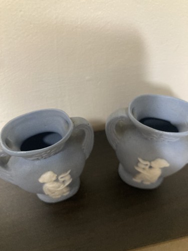 Pair Vintage Blue and White Jasperware Miniature 4” Vases Japan - Picture 4 of 7