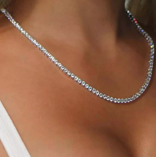 3MM Round Lab Created Diamond Women's Tennis Necklace 14K White Gold Plated 18" - Picture 2 of 4