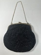 Vintage Handmade In France Black Beaded Small Purse Snap Closure Removable Strap