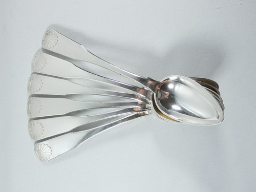 Antique 1895 Set of 6 Danish Solid 826 Grade Silver Dessert Spoons Fiddle Shell - Picture 5 of 10