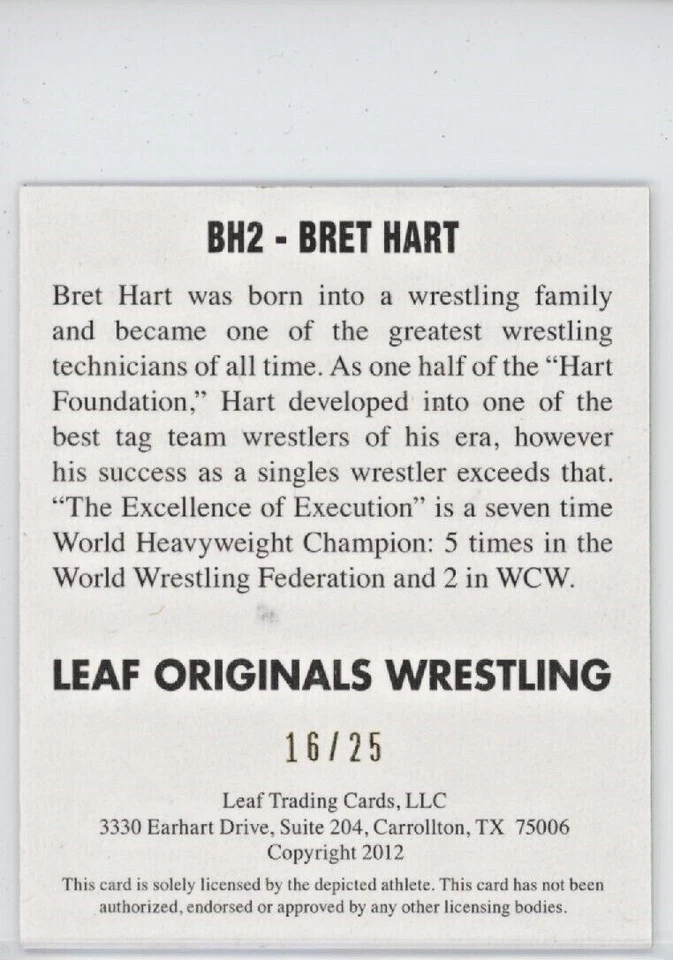 BRET HART 2012 LEAF ORIGINALS WRESTLING AUTOGRAPH BLUE 16/25 AUTO SIGNATURE - Image 2 of 2