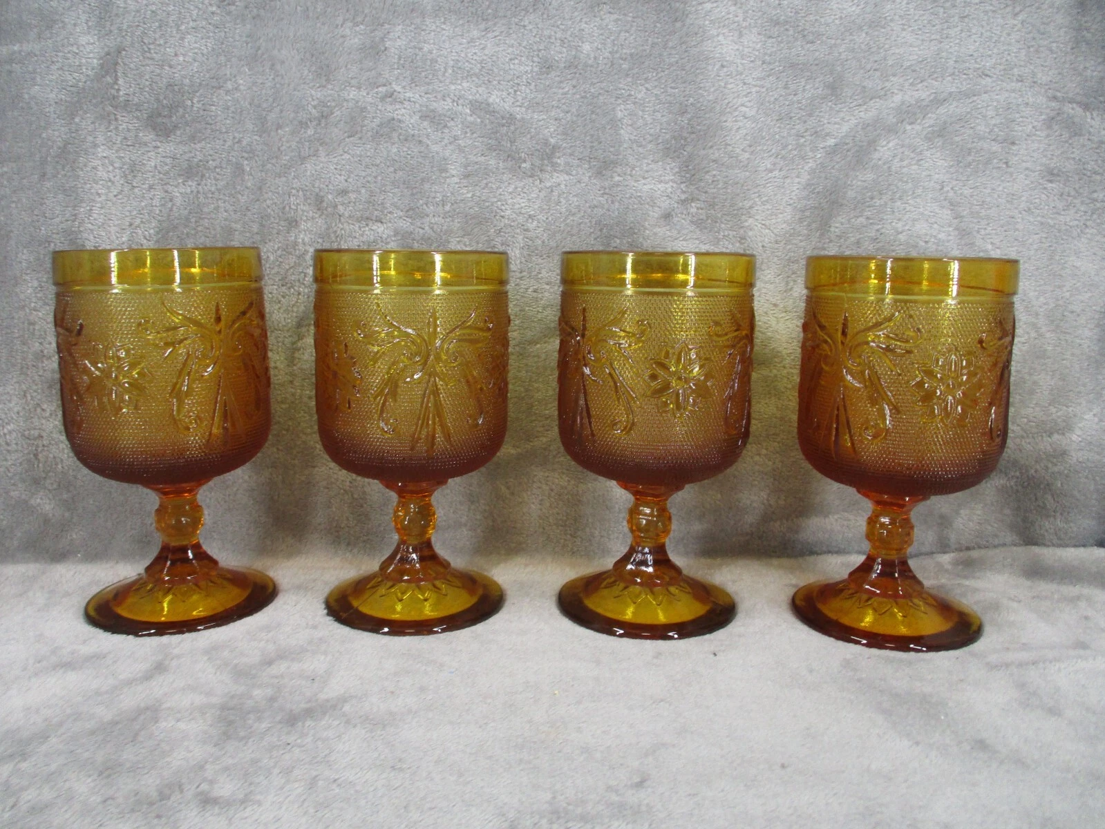 Indiana Tiara Table Wine Goblet Set Sandwich Pattern Floral Amber Glass 4 Piece