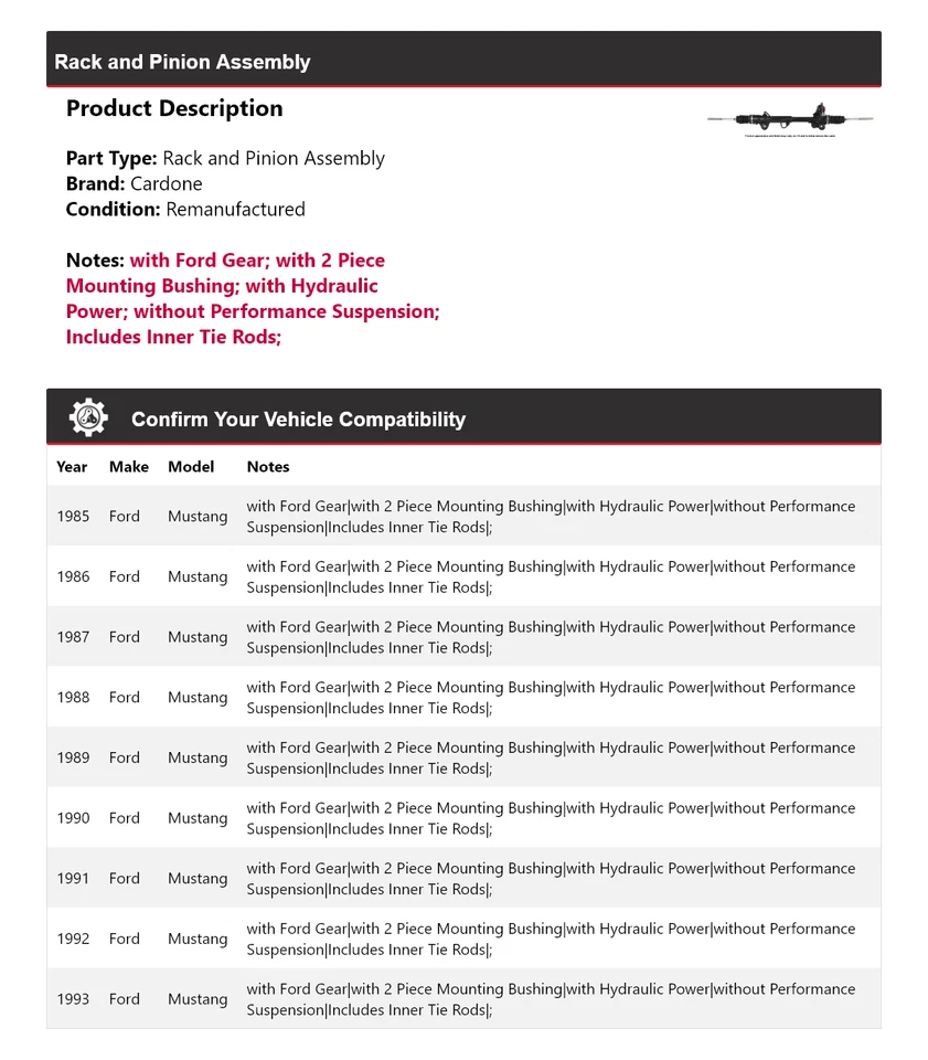 For 1985-1993 Ford Mustang Rack and Pinion Assembly Cardone 1986 1987 1988 1989 - Image 2 of 4