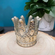 Small Burnished Mercury Glass Metallic Silver Crown Tealight Candle Holder Table