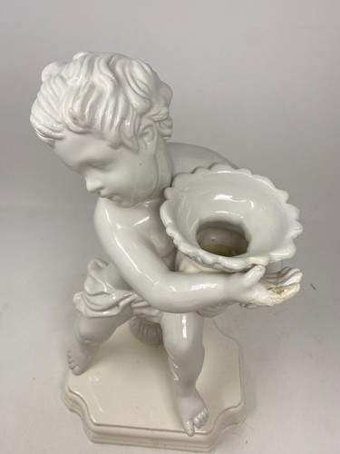 Vintage White Porcelain Cherub Statue Holding Basket Vase Candle Holder 15" Tall - Picture 5 of 17