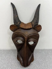 Hand Carved Wooden Bull Antelope Tribal Mask Wall Hanging Art Decor Handmade