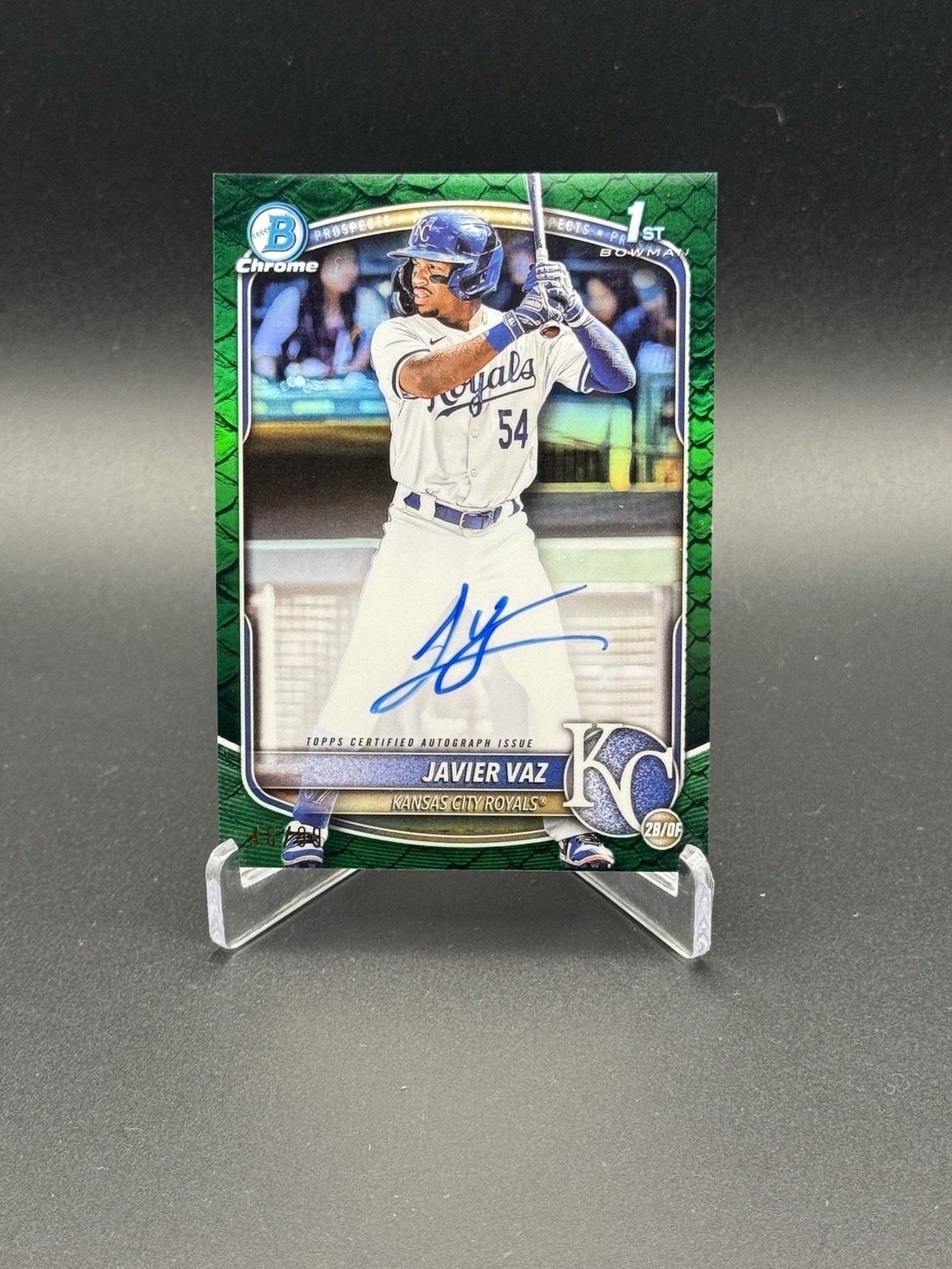 2025 Bowman Javier Vaz 1st Chrome Auto Green Reptilian #/99 CPA-JVA Royals