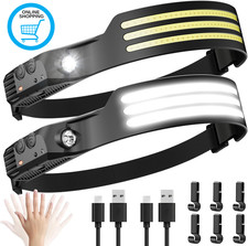 Head Torch Rechargeable - 2 Pack Super Bright Tri LED Strip Headtorch, 230° Wide