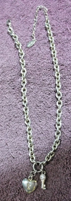 Vintage Guess Goldtone Necklace With Key & Heart Padlock Pendants ~  19''