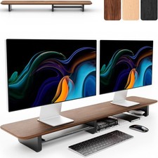 Dual Monitor Riser with Integrated Metal Shelf - Wooden desk shelf for top of...