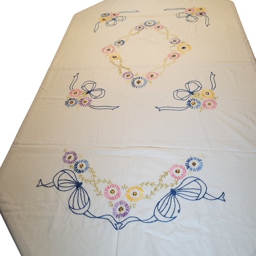 Vintage Handmade Bedspread Embroidered Flowers 72x80 Fringe Edges Floral Retro