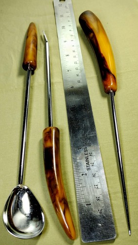 Vintage Butterscotch Marbled Bakelite 7pc Bar Set - With Brand Name? - Picture 10 of 12