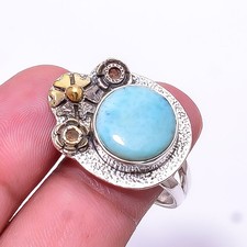 Natural Larimar Two Tone 925 Sterling Silver Ring s.8 R5, Christmas Gift