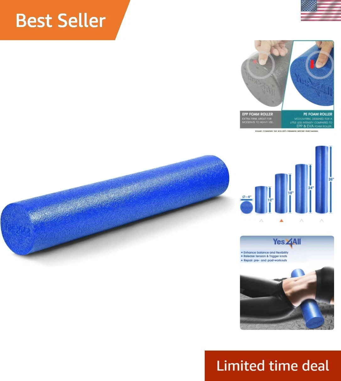 Lightweight PE Foam Roller, 36-Inch Blue - Perfect for Pilates and Home Workouts