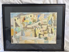 ORIGINAL ART WATERCOLOR MIDDLE EASTERN VILLAGE EXPRESSIONIST  FRAMED IN GLASS
