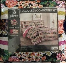 QUEEN/FULL  FLORAL  BLACK, ORANGE, PINK, GRN  REVERSE  3 PC COMFORTER NEW 