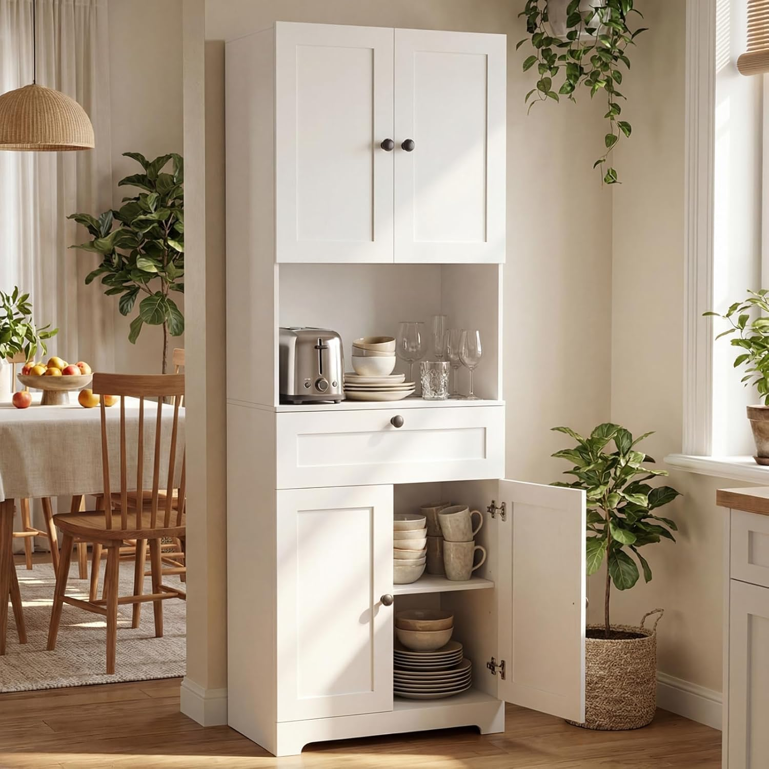 Kitchen Pantry Cupboard Tall Storage Cabinet Drawer Shelves Adjustable White