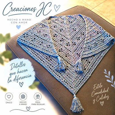 Creaciones HC Handmade Crochet Triangle Scarf Wrap Solid Blue Gray Tassels