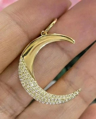 2.30Ct Round Cut Real Moissanite Crescent Moon Pendant 14K Yellow Gold Plated