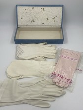 VTG White Evening Gloves Beaded Faux Pearl Formal W/Blue Vanity Storage Box MCM