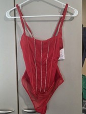 Auden Women's One Piece Bodysuit Red XS Beaded Accents Stretch Solid