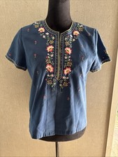 Rare Vintage 60s Daffodil Short Sleeve Navy Blue Floral Hand Embroidered 