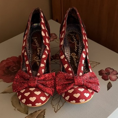 Irregular Choice Red White Glitter Bow Heart Pump Ankle Strap Slip On Heels 7