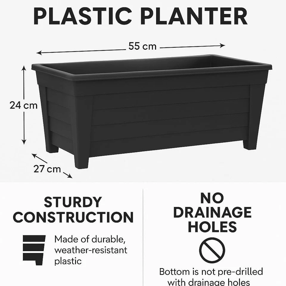 4x Large Black Plastic Planters Garden Flower Pots Troughs 55cm Outdoor Patio Bo - Image 3 of 4