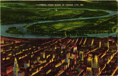 Vintage Linen Postcard: Aerial Night Scene Kansas City, MO & KCK River