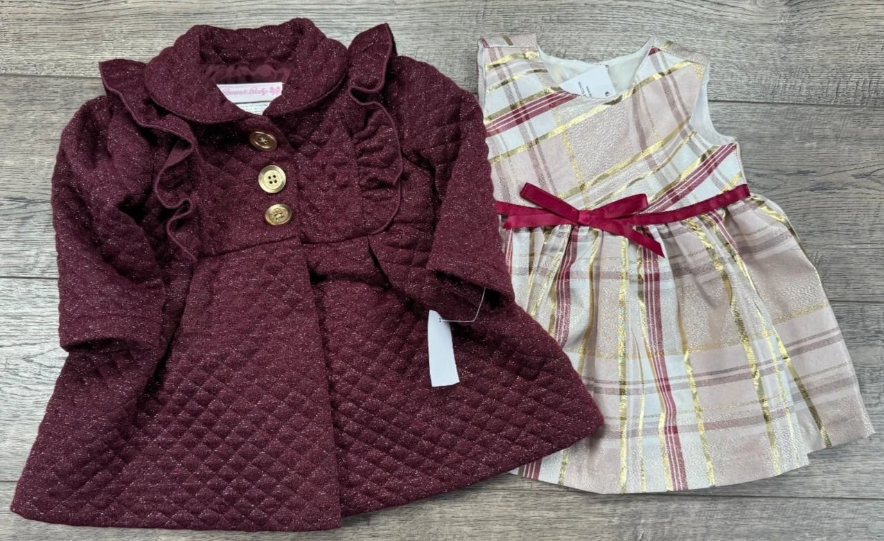 Baby Girl Clothes New Bonnie Baby 0-3 Month 2pc Burgundy Gold Dress & Jacket