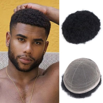 Full Lace Afro Curly Human Hair Mens Toupee 8x10 Hairpiece African American Wigs