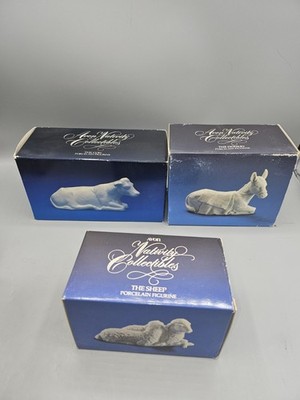Avon Nativity Porcelain White Animals, Cow, Sheep & The Donkey Set Of 3, Boxed