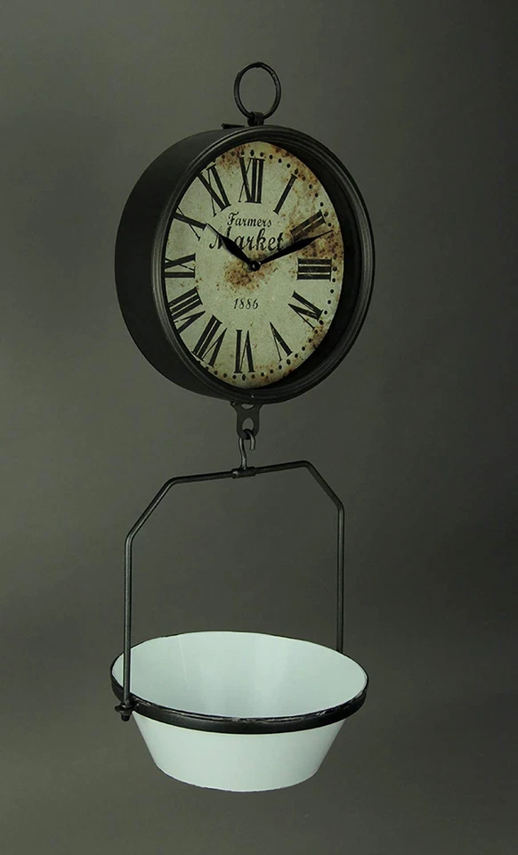 Vintage Look Hanging Scale Clock with White Enamelware Tray - Image 2 of 4