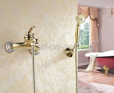 Gold Color Brass Wall Mounted Bathroom Bath Tub Shower Faucet with Hand Shower