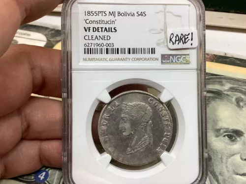 Bolivia 1855 4 Sol NGC VD Details Cleaned “Constitucin”.  RARE Type