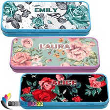 Personalised Pencil Case Tin ROSES FLORAL MakeUp Box School Stationary Name Gift