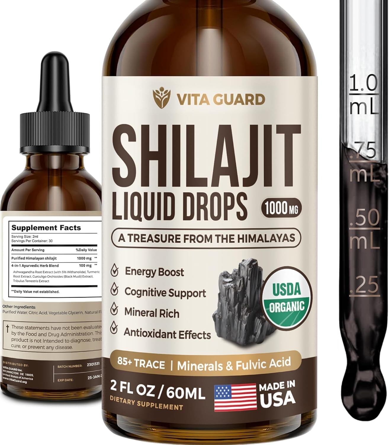 60ML Organic 1000mg Himalayan Shilajit Supplement Extremely Potent,Fulvic Acid