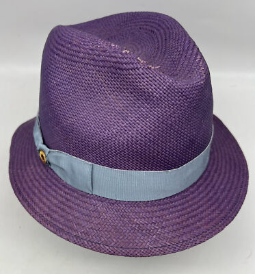 Loro Piana Purple straw fedora hat with light blue ribbon and bow
