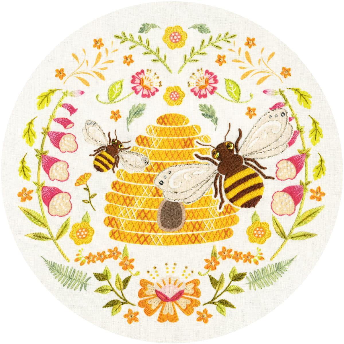 Bothy Threads stamped embroidery kit ""Folk Bees"", EKP1, Diam. 20cm, DIY