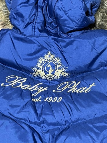 Vintage Baby Phat Puffer Down Jacket Fur Hood Blue Women Large Y2K Cat @Jrack - Picture 3 of 10