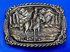 Tall In The Saddle Western Cowboy Leading Wagon Train Vintage ART Belt Buckle