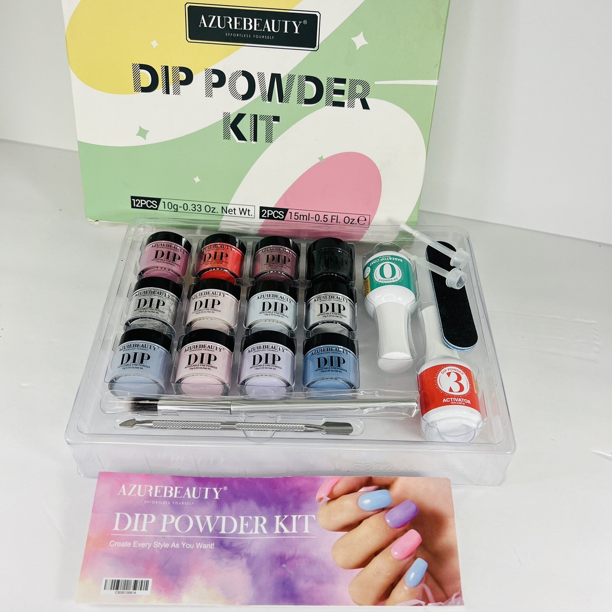 19 Pcs Azurebeauty Dip Powder Nail Kit Starter 12 Colors Pink Blue